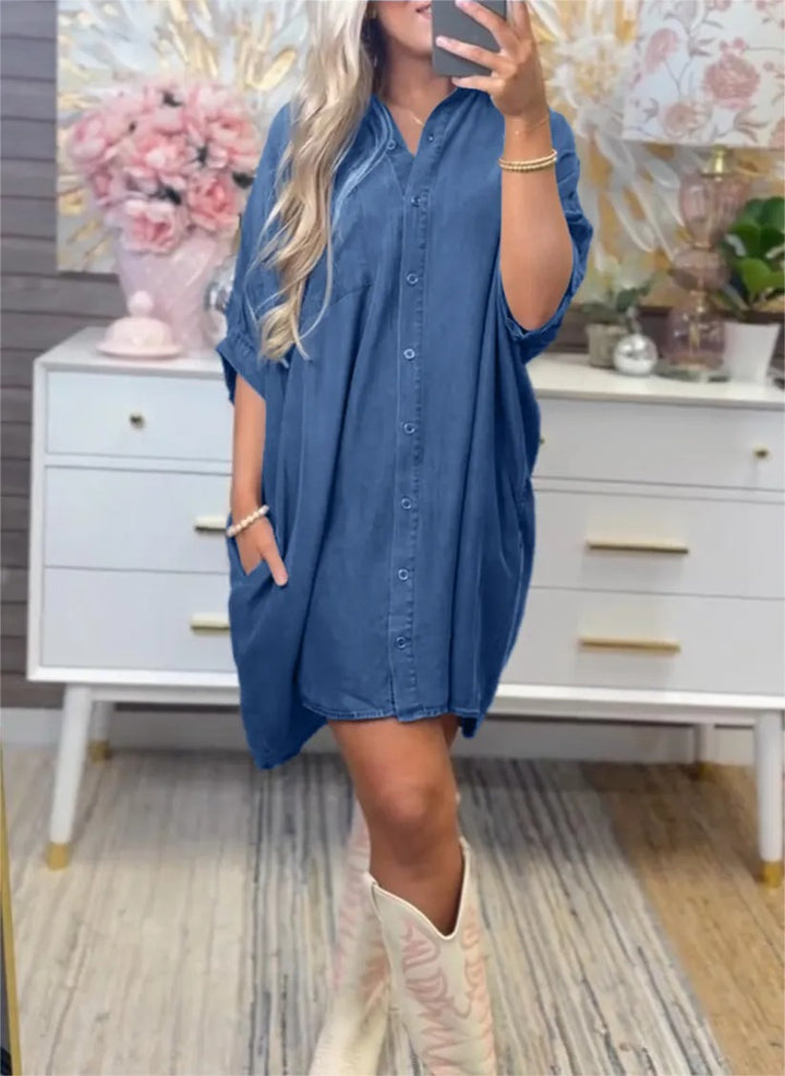 Dame Størrelse Denim-Sk Shirt kjole med praktiske lommer og afslappet snit Stilla
