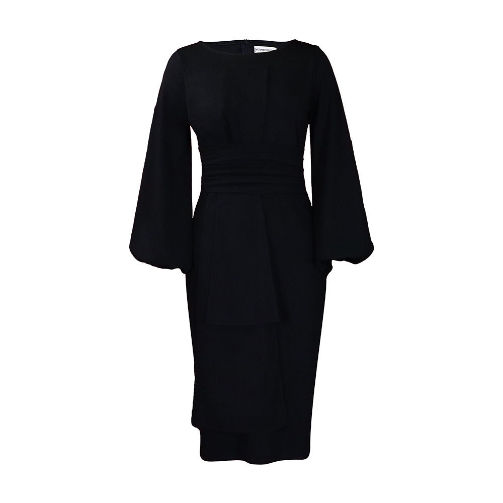 Dame elegant Midi-kjole med raffinerede draperede detaljer og puffærmer Stilla