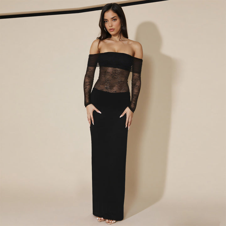 Dame off-shoulder aftenkjole med spidse ærmer og lang silhuet Skovae