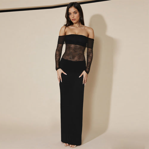 Dame off-shoulder aftenkjole med spidse ærmer og lang silhuet Skovae