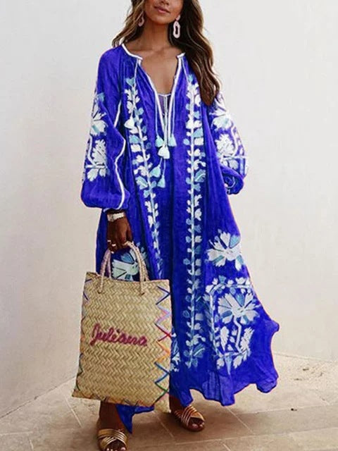 Dame Lang Kaftan med blomster broderi og luftige ærmer Stilla