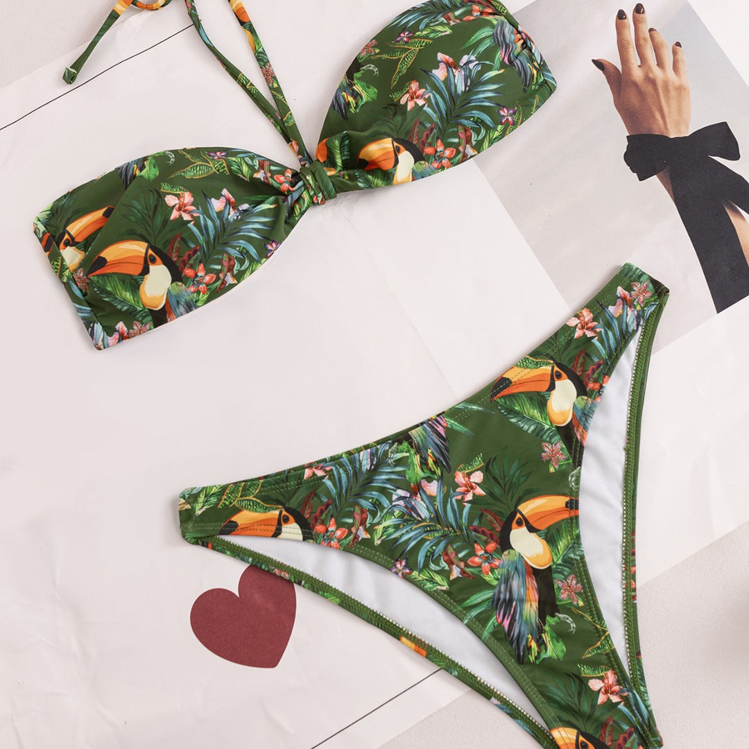 Dame bandeau bikini med eksotisk tropemønster Skovae