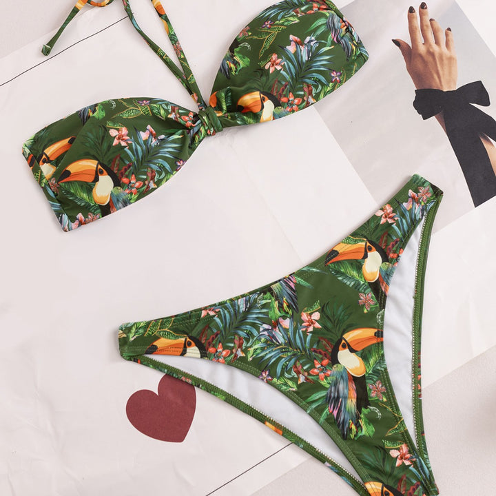 Dame bandeau bikini med eksotisk tropemønster Skovae