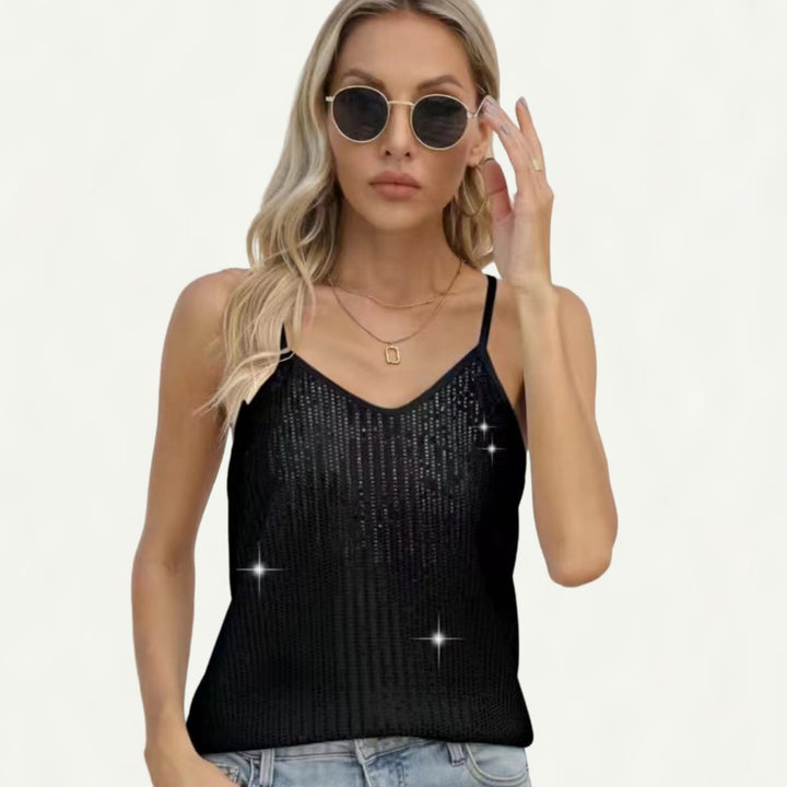 Dame glitrende spaghetti-stropbluse med glitrende tekstur og moderne snit Stilla