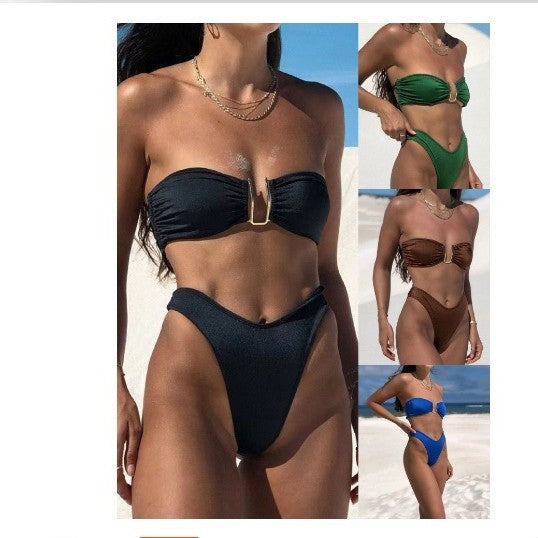 Dame High-Waisted Strapless Bikini-Sæt med unikt ringdetalje i midten Stilla