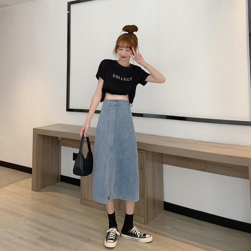 Dame jeans midi nederdel med sideslids Stilla