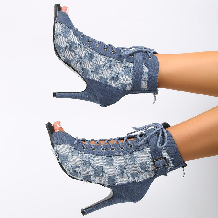 Damer højhælede snørestøvler med elegante detaljer i denim Stilla
