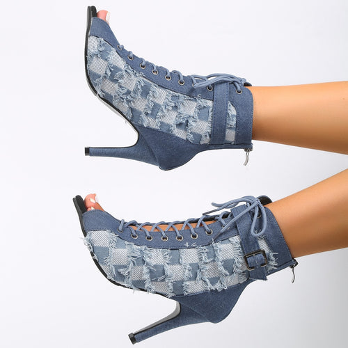 Damer højhælede snørestøvler med elegante detaljer i denim Stilla