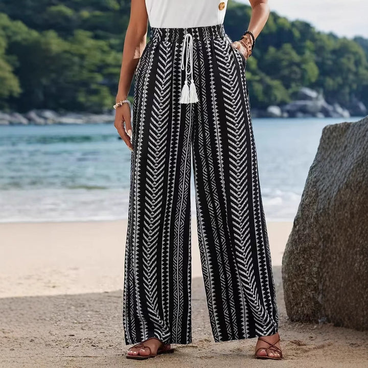 Dame Palazzo-bukser med elastisk talje og fashionable tribal-mønster Stilla