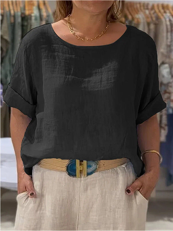 Dame afslappet linnedbluse med oppadgående ærmer og bred pasform Stilla