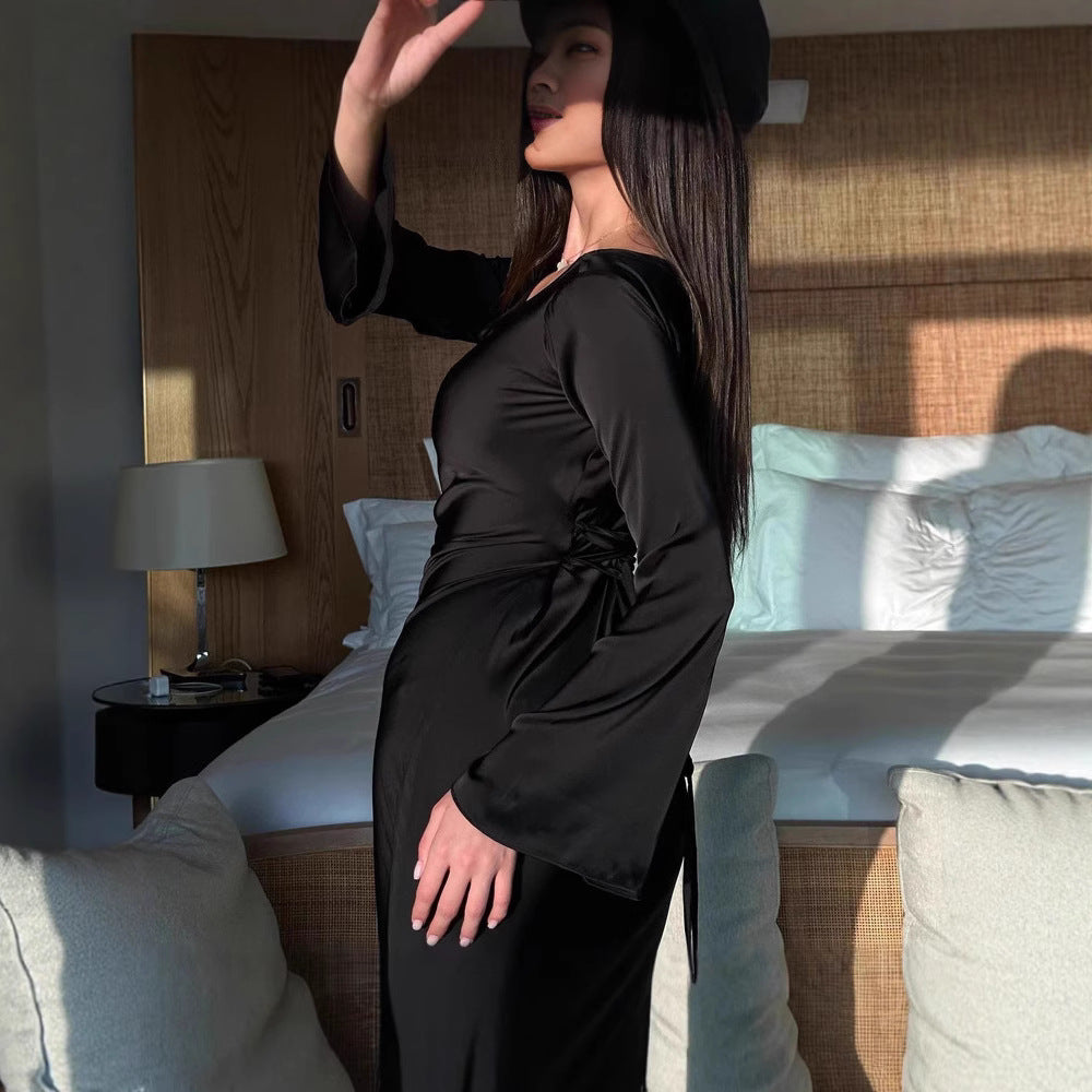Dame elegant langærmet satin maxi kjole med brede ærmer Stilla