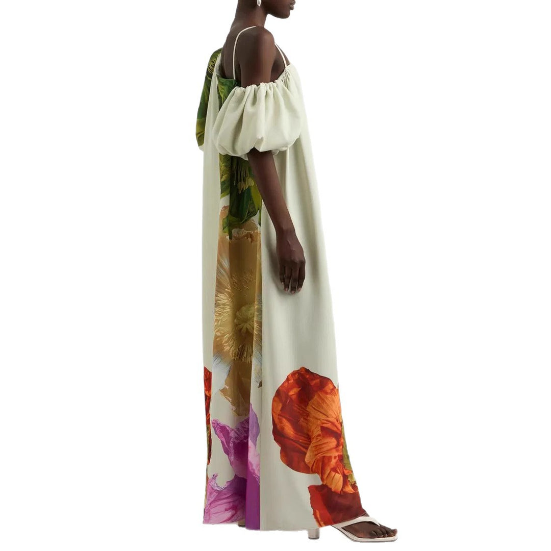 Dame Elegante Maxikjole med Blomsterprint og Asymmetrisk Ærmer Stilla