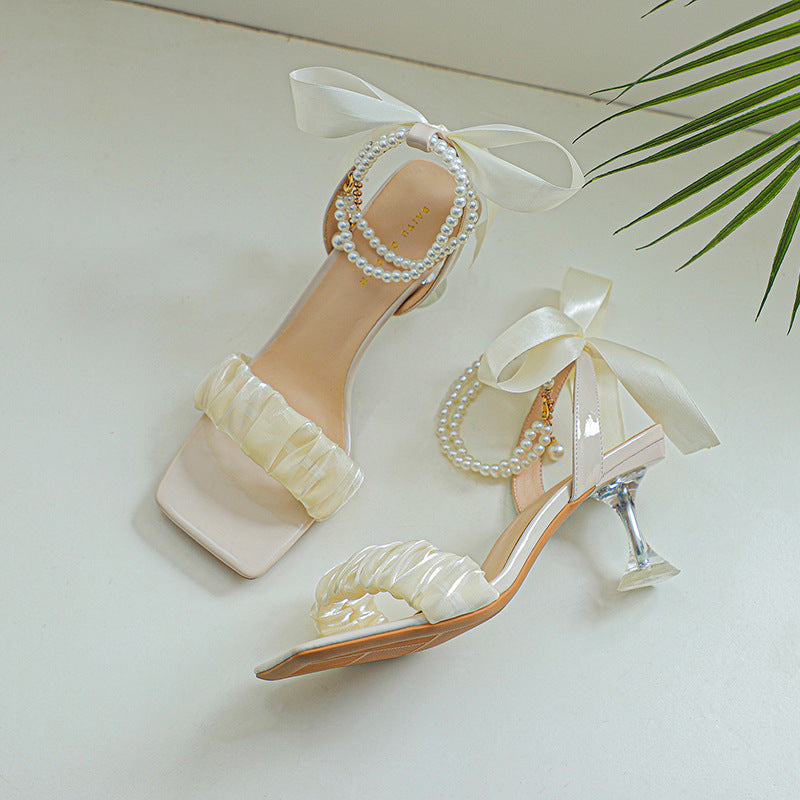 Dame Elegant Volant Blokhæl Sandaler med Perle Accent Stilla