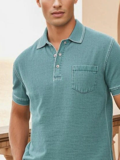 Herrers poloshirt med knaplukning og fint denim-look Stilla
