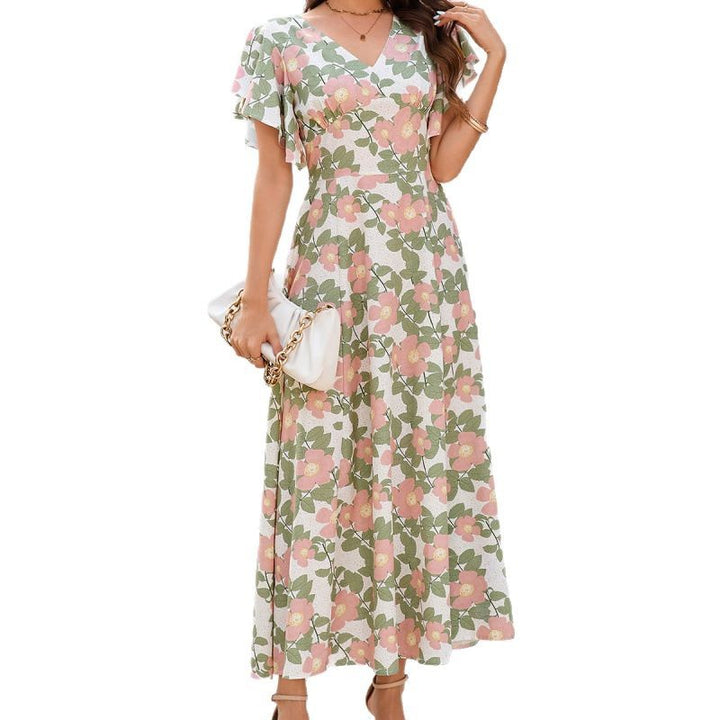 Femme Floral Print Maxi Kjole med Flæser Stilla