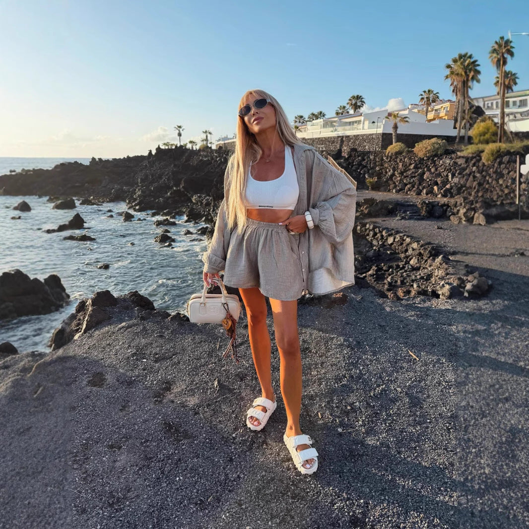 Kvinders Casual Kort Jumpsuit Sæt med Asymmetrisk Top og Elastisk Talje