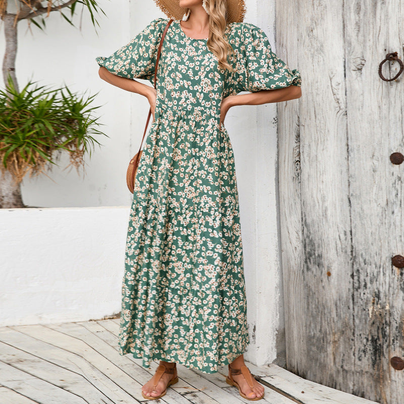 Dame Floral Maxi Kjole med Puffærmer og Lagdelt Skørt Stilla