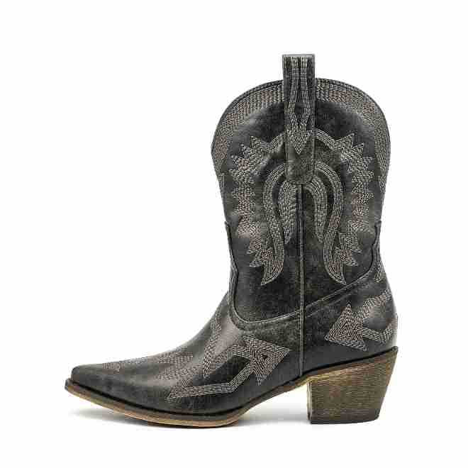 Femme Distressed Læder Cowboy Støvler med detaljeret Broderi Stilla