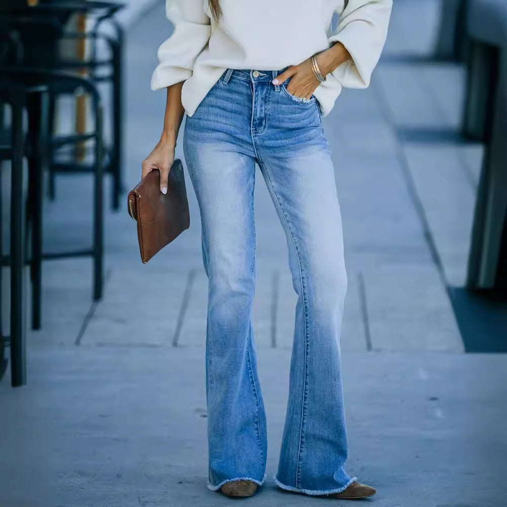 Dame Flared Jeans med høj talje og frynset kant Stilla