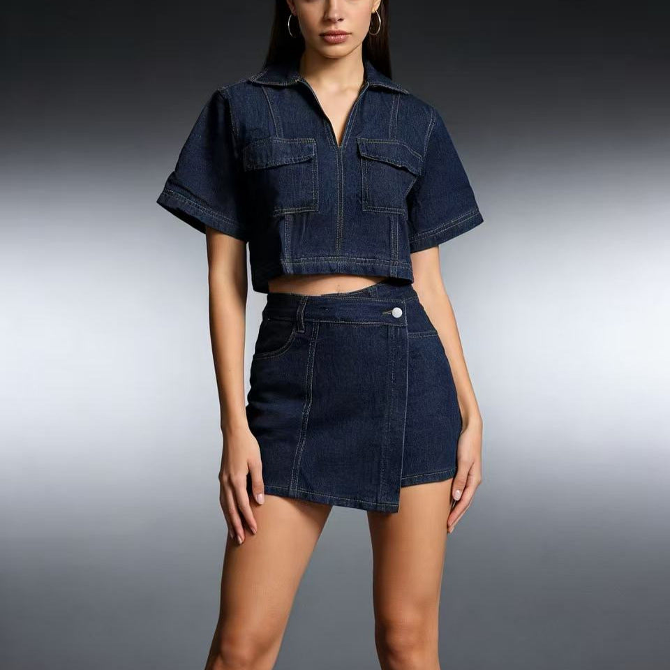 Dame stilfuld cropped skjorte med påsyede lommer og afslappede shorts Skovae