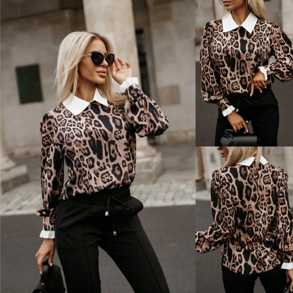 Dame Elegant Bluse med animalisk mønster og raffineret krave Stilla