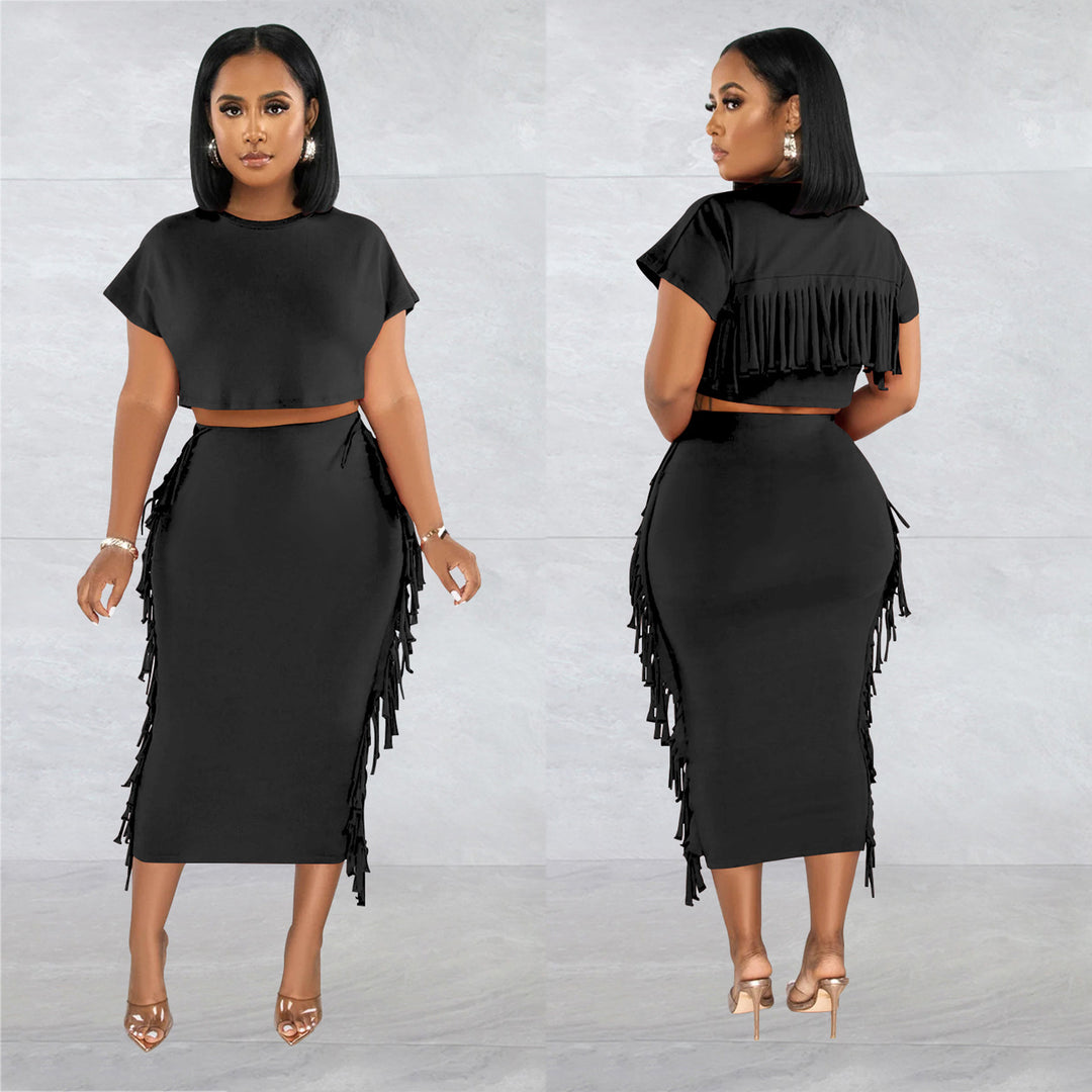 Dame elegant kombination af cropped top og tætsiddende nederdel med frynser Stilla