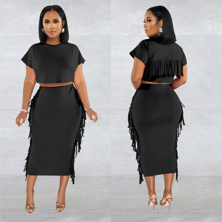 Dame elegant kombination af cropped top og tætsiddende nederdel med frynser Stilla