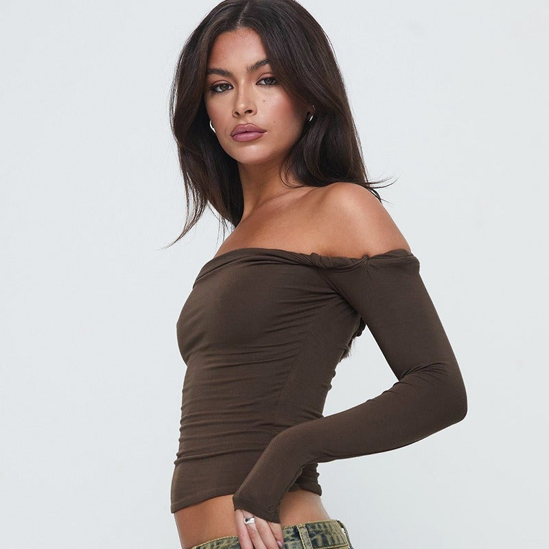 Dame Offshoulder Langærmet skjorte med elegante draperinger Skovae