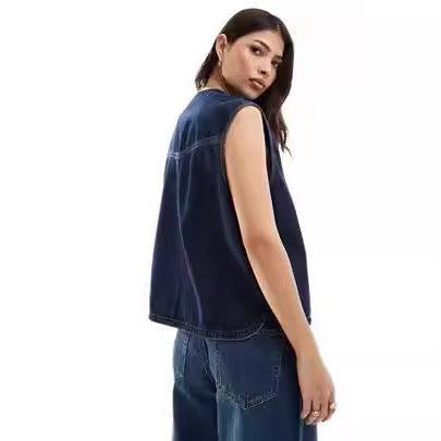 Dame Denim Vest med Raffinerede Bindebånd Stilla