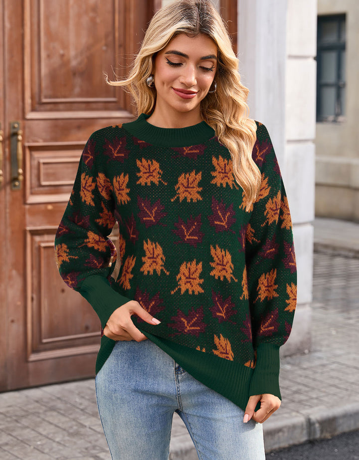 Damens strikket sweater med efterårsblad design Stilla