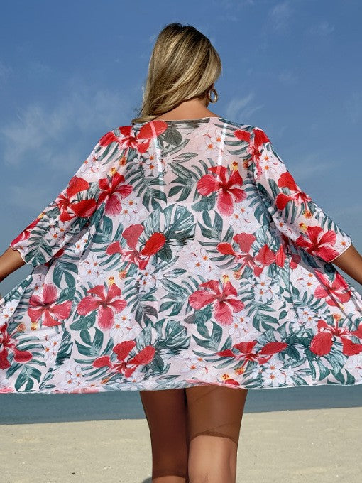 Dame Strandkimono med blomsterprint og luftige ærmer Stilla