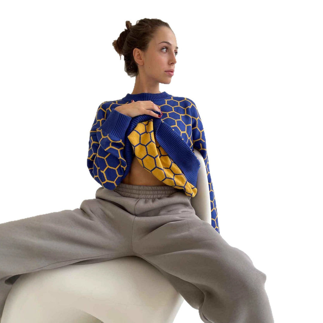 Kvindernes mønstrede sweatshirt med et sødt honningkombinationsmønster og løs pasform Stilla