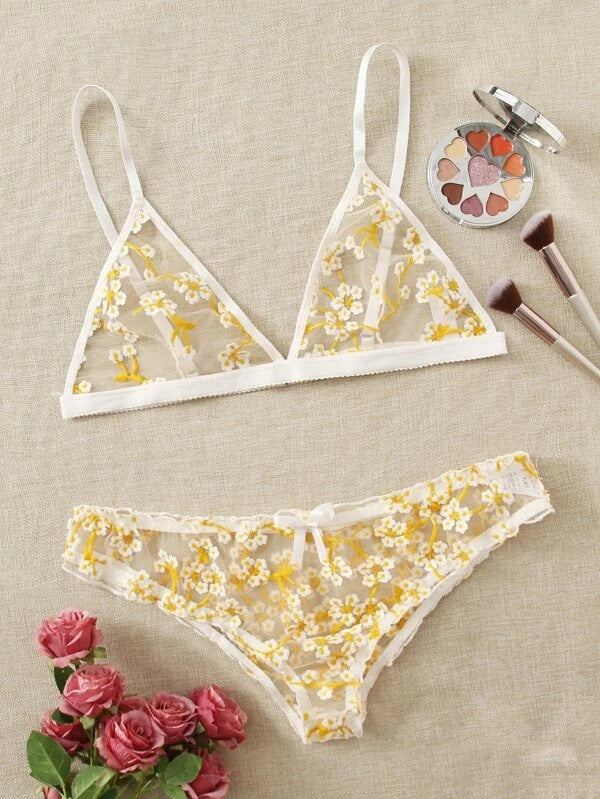 Dame Floral Spidse Bralette og Cheeky Panty Sæt Stilla