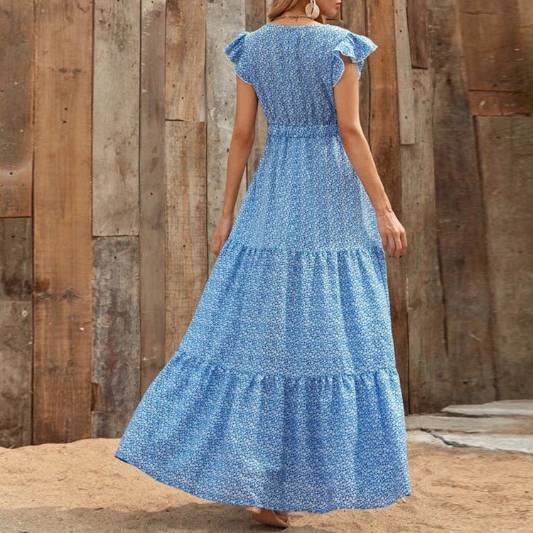 Stilla | Ruffle Sleeve Høj Talje V-hals Maxi Kjole