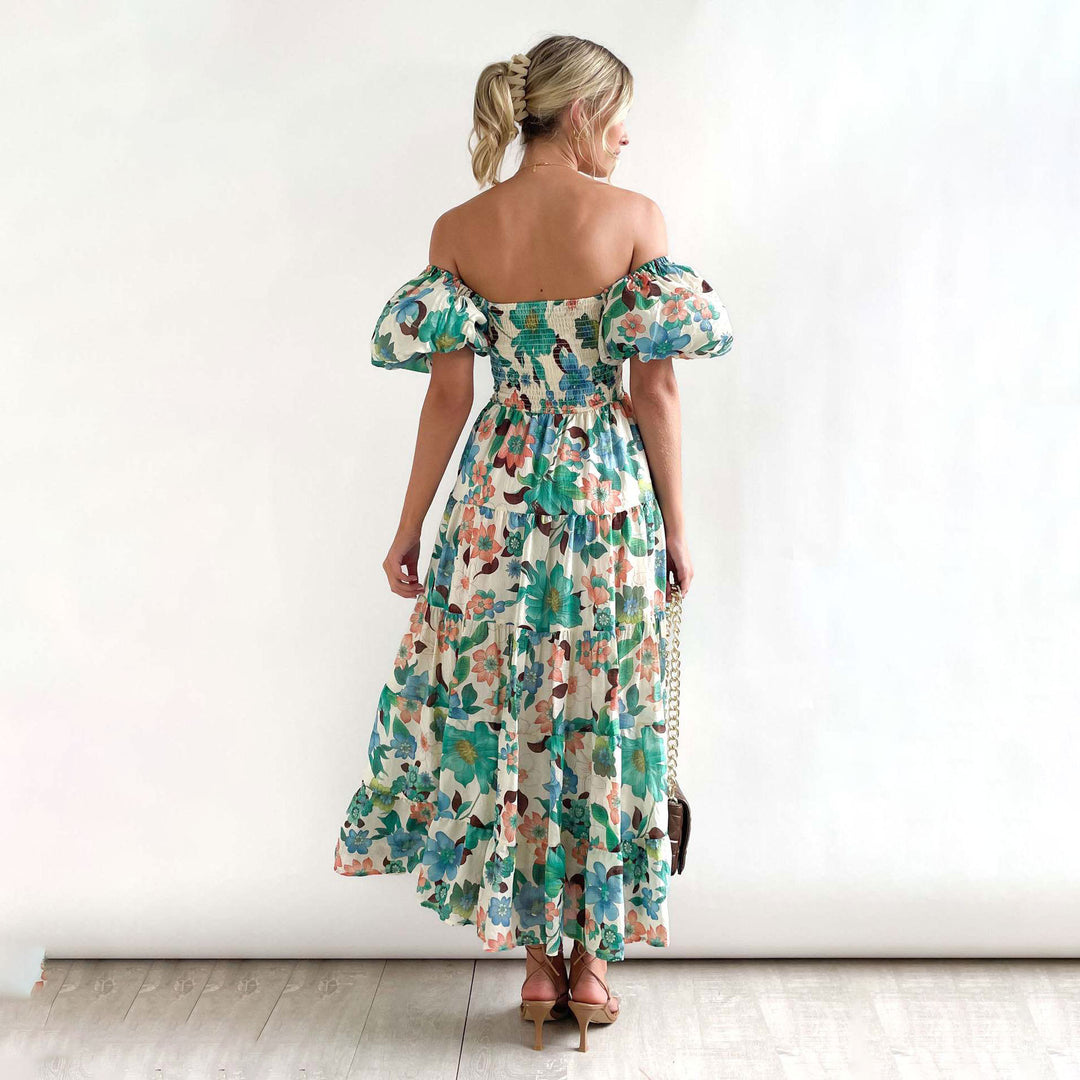 Dame Floral Puff Ærme Midi Kjole Stilla