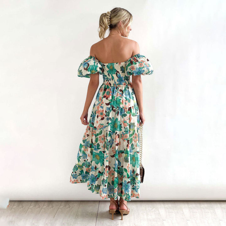 Dame Floral Puff Ærme Midi Kjole Stilla
