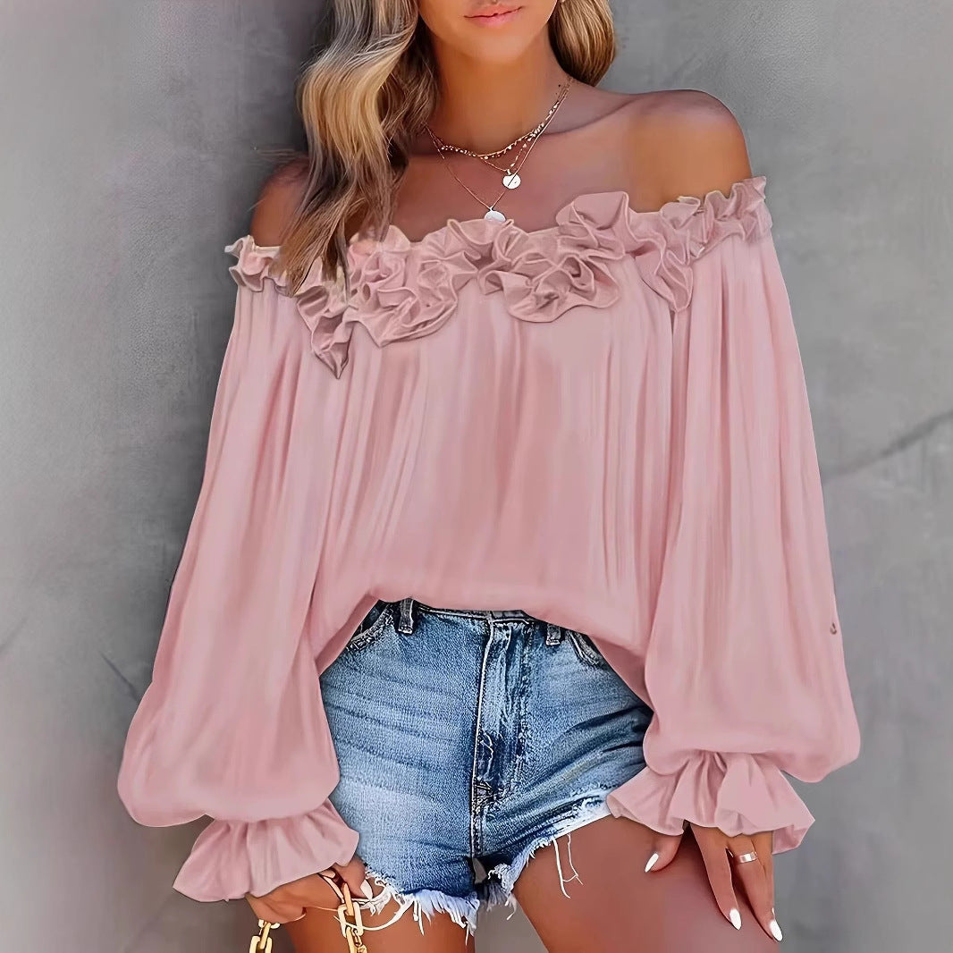 Dame Off-Shoulder Bluse med flæsedetaljer og vide ærmer Stilla