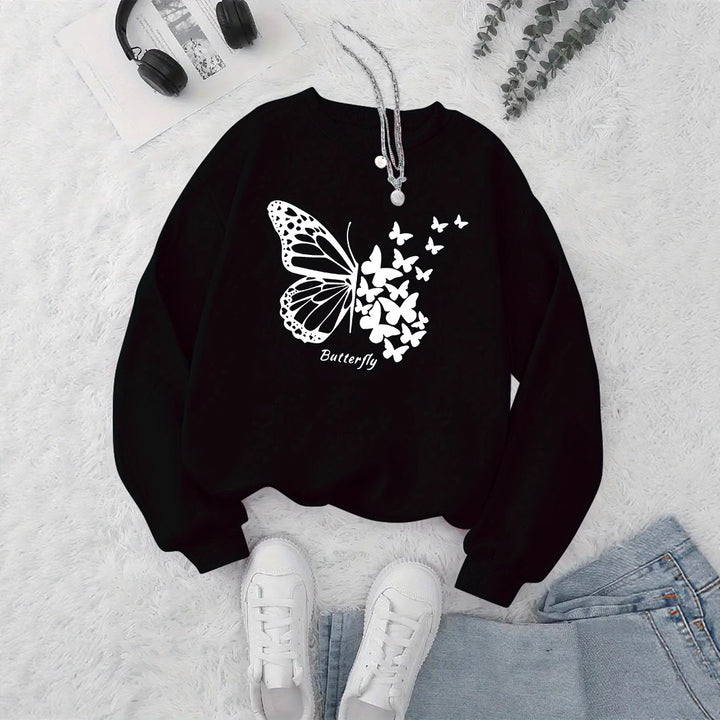 Kvinders sweatshirt med kreativ sommerfuglemotiv og afslappet snit Stilla