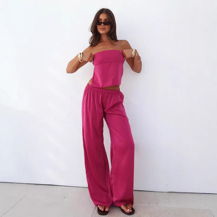 Dame Elegant Strapless Crop Top og Flydende Stumpebukser-Sæt Stilla