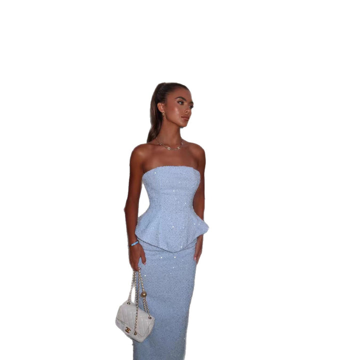 Kvindelige elegante aften kjoler med peplum design og glitrende accenter