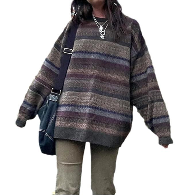 Damer hyggelig oversized sweater med farverigt stribet mønster og brede ærmer Stilla