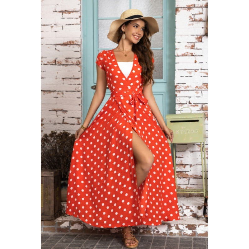 Dame Polka Dot Wrap Maxikjole med Bind Stilla