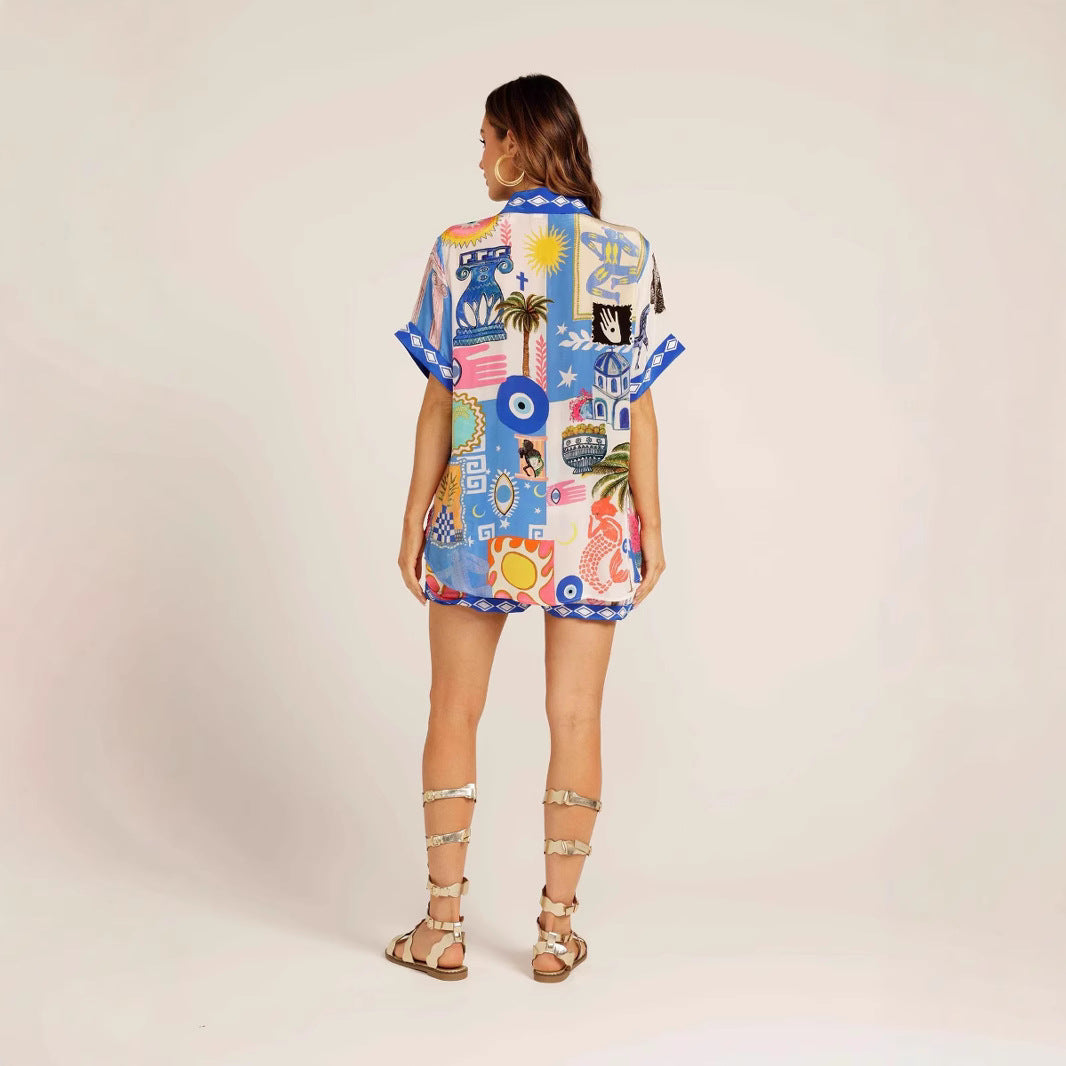 Women's set made of lightweight, printed short-sleeve shirt and shorts with colorful design Skovae