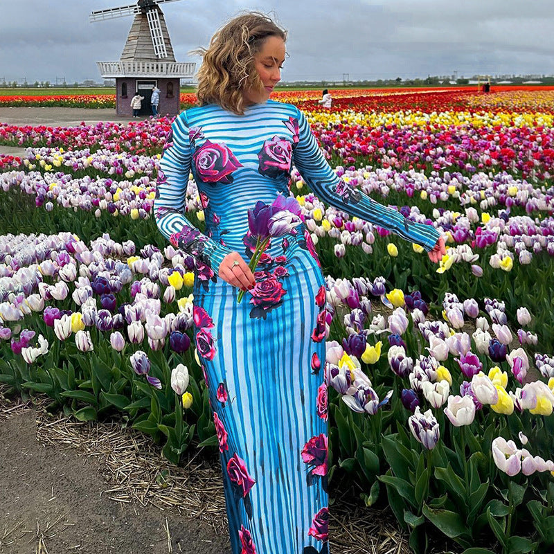 Dame Floral Stribe Bodycon Kjole Stilla