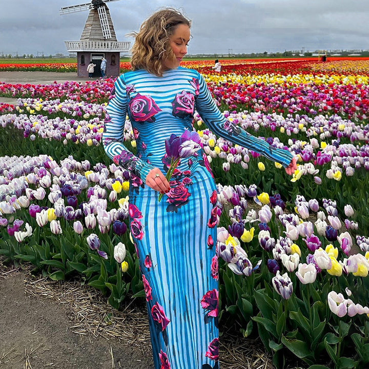 Dame Floral Stribe Bodycon Kjole Stilla