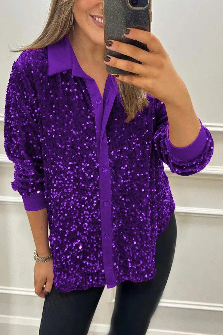 Kvindernes Funklende Paillet Bluse med Klassisk Krave Stilla