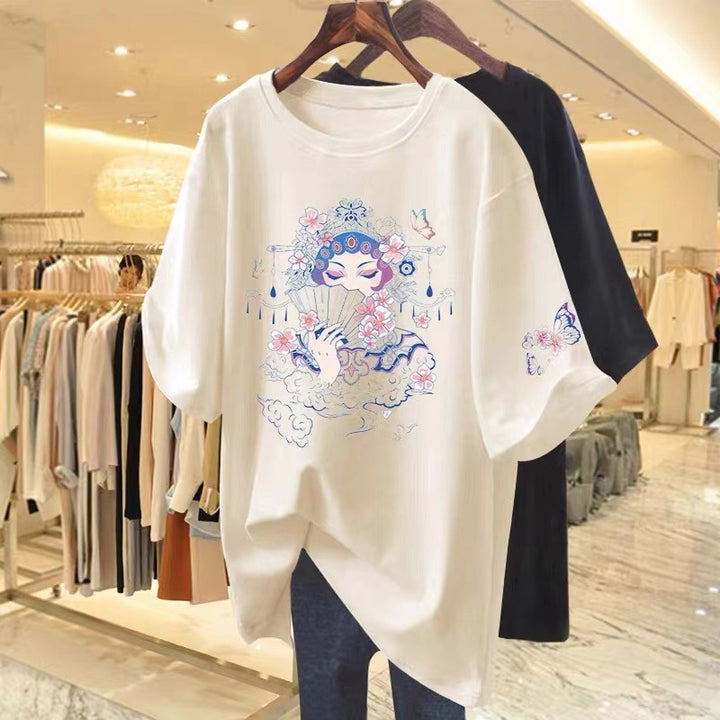 Dame T-shirt med kunstnerisk blomsterdesign og afslappet pasform Stilla