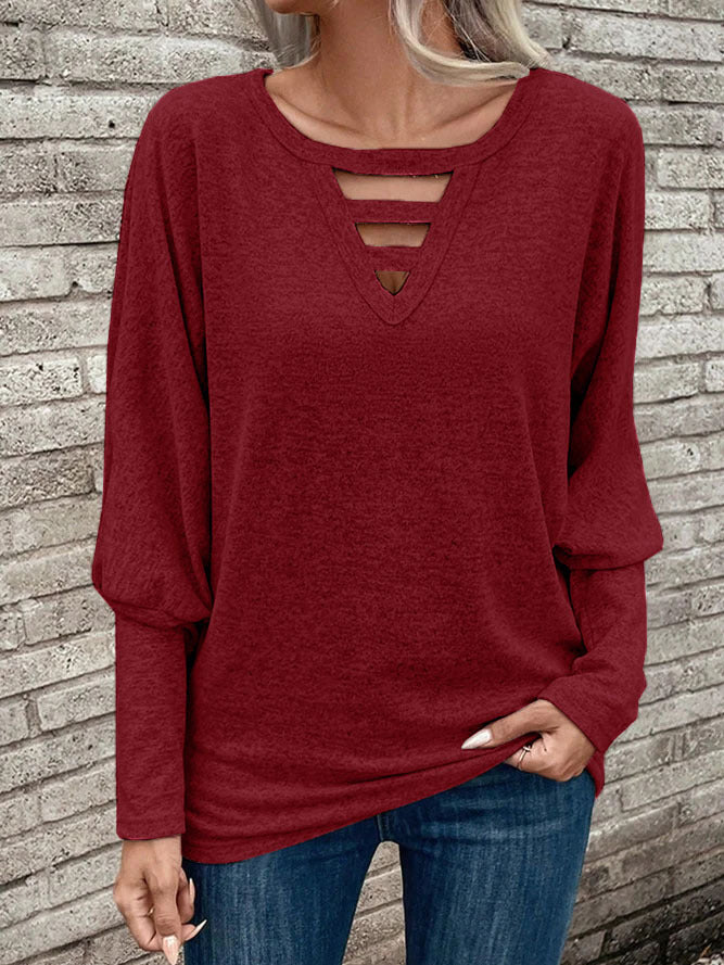 Dame stilfuld longsleeve med mode V-udskæring og cut-outs Stilla