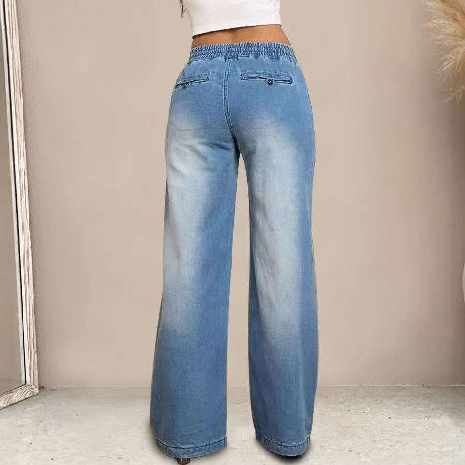 Dame wide-cut jeans med elastisk talje og trendy slidt udseende