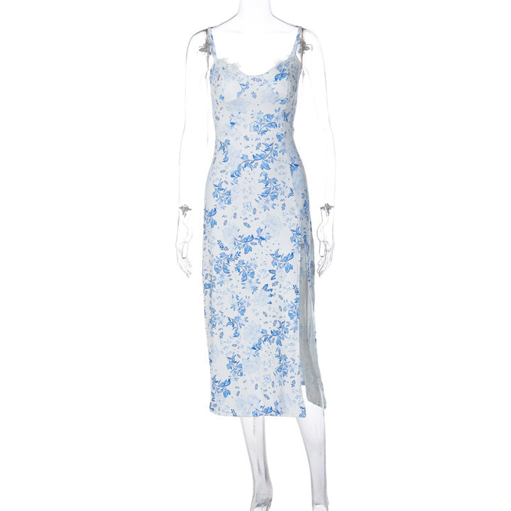 Dame blomstertrykt midi-kjole med elegant split Skovae